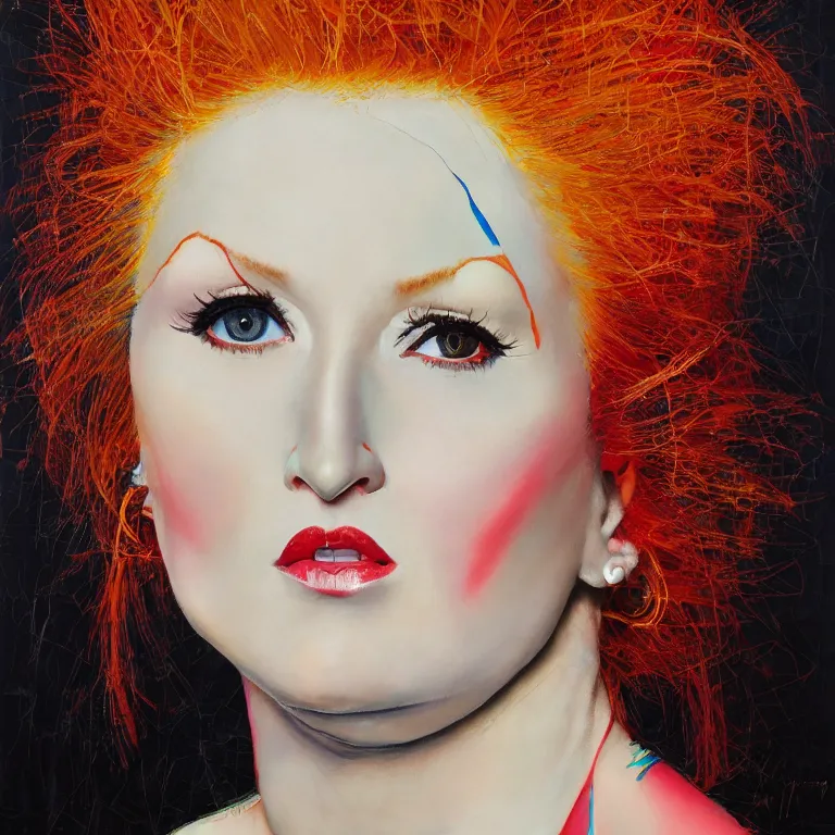 Image similar to close up studio portrait of Cindy Lauper beautiful symmetrical face wearing an Issey Miyake dress in 1985, impasto heavy brushstrokes oil painting by Norman Rockwell and Tim Hawkinson and Cy Twombly, Intense colors trending on artstation dramatic lighting Expressionism