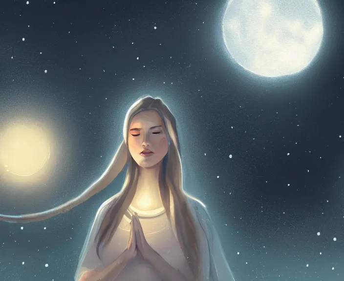 Image similar to an illustration of a mystical spiritual scene with a young woman in it, with starry dusted light and a moon, high contrast, highly detailed, sharp focus, digital painting, illustration, trending on artstation,