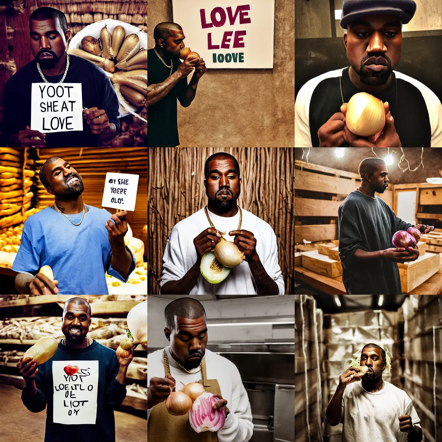 Prompt: Kanye West eating an onion inside a room filled with onions while holding a sign that reads I love onions!, candid photography, photo taken with an iPhone camera