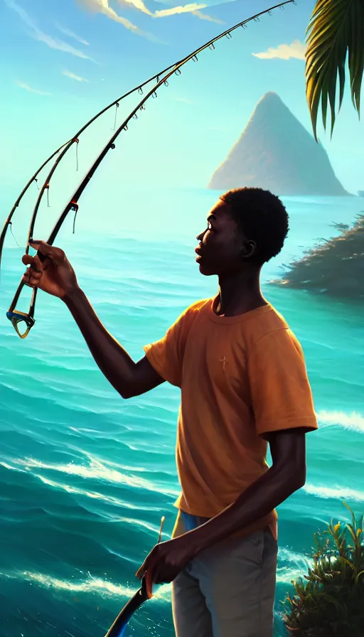 Prompt: highly detailed portrait of a young modern jamaican man fishing with a magical glowing fishing rod weapon, ocean background, unreal engine, fantasy art by greg rutkowski, loish, rhads, makoto shinkai and lois van baarle, ilya kuvshinov, rossdraws, tom bagshaw, global illumination, radiant light, detailed and intricate environment