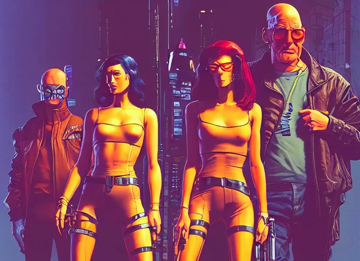 Image similar to cyberpunk heist crew. portrait by stonehouse and mœbius and will eisner and gil elvgren and pixar. character design. realistic proportions. dystopian. cyberpunk 2 0 7 7, apex, blade runner 2 0 4 9 concept art. cel shading. attractive face. thick lines. hi def 4 k. the team.