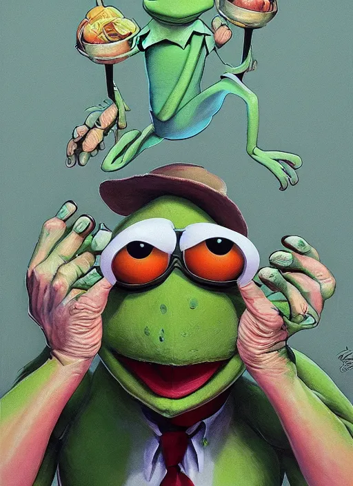 Image similar to portrait Kermit the frog in They Live (1988), highly detailed, centered, solid color background, digital painting, artstation, concept art, smooth, sharp focus, illustration, peter mohrbacher, donato giancola, Joseph Christian Leyendecker, Les Edwards, Ed Repka, Basil Gogos, WLOP, Artgerm