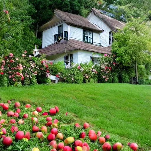 Image similar to A house with a large flower garden and two trees full of apples and pears, top post of all time on /r/curiousplaces subreddit