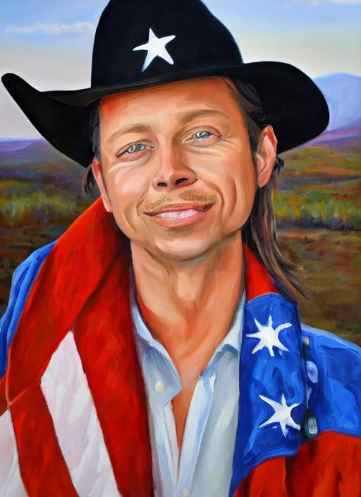 Image similar to oil painting portrait of brock pierce, american flag on background, cowboy style.