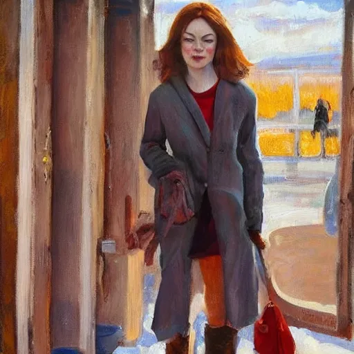 Image similar to emma stone in boots walking to outdoor toilet, russian depression, chthonic, by shulzhenko, nikolay kopeykin, lozhkin, vdovenko, oil painting art