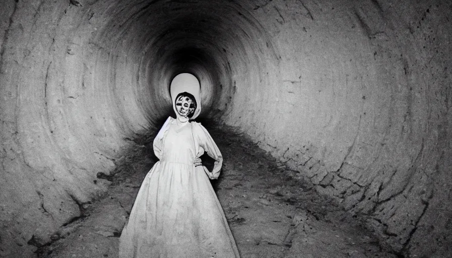 Prompt: portrait of a white female phantom an empty soviet tunnel, early black and white 8mm, heavy grain, high quality, liminal space style