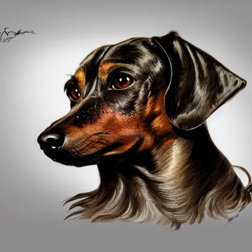 Prompt: portrait of brindle dachshund, salt and pepper hair, soft hair, d & d, muscular, fantasy, intricate, elegant, highly detailed, digital painting, artstation, concept art, smooth, sharp focus, illustration, art by frank frazetta and alphonse mucha