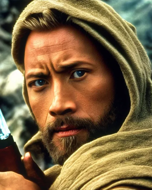 Image similar to Film still close-up shot of Dwayne Johnson as Obi-Wan Kenobi from the movie Return of the Jedi. Photographic, photography