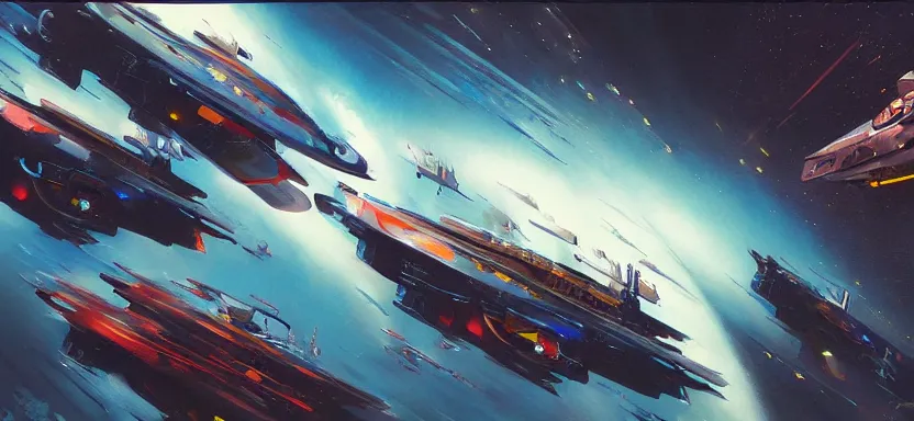 Prompt: beautiful masterpiece painting of spaceships in space, cyberpunk, by juan ortiz 8k