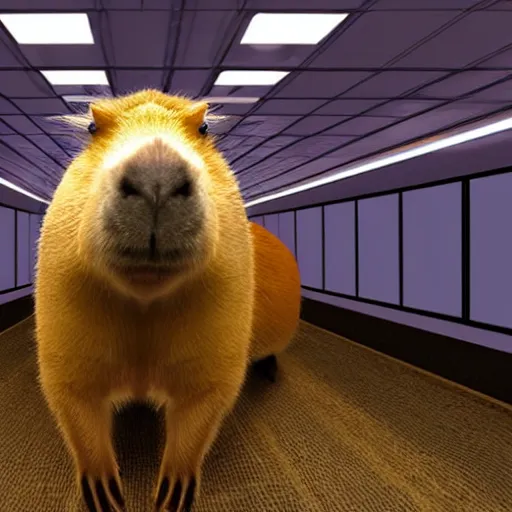 Image similar to a capybara in a spaceship hallway filled with glowing screens