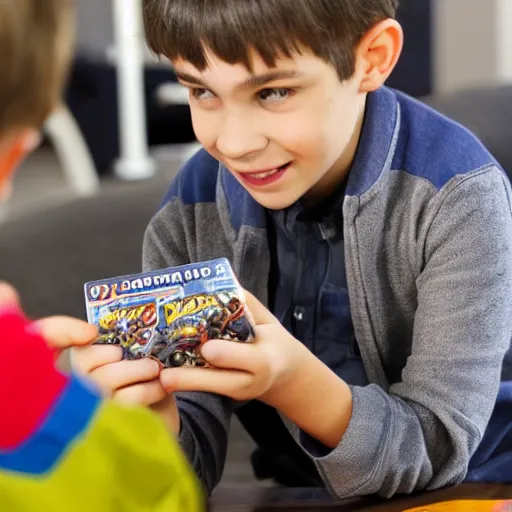 Image similar to boy showing his pokemon cards to the camera.