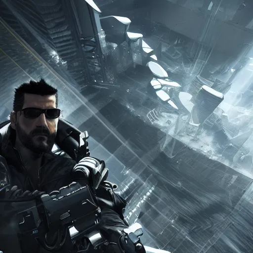 Image similar to adam jensen from deus ex mankind divided falling through the clouds of jupiter, by cedric peyravernay, highly detailed, excellent composition, cinematic concept art, dramatic lighting, trending on artstation