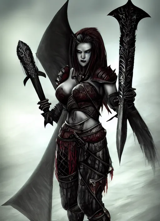 Image similar to female vampire warrior holding a monstrous zweihander, full portrait, sharp teeth, smiling, muscular, flying, barefoot, foot wraps, exposed toes, black heavy armor, realistic armor, metal mask, in the style of ghostblade, wlop, modern fantasy, regular proportions.