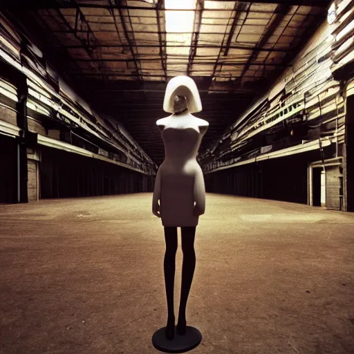 Prompt: empty warehouse room with a lone fashionable mannequin girlfriend in front of the camera cinestill 7 0's film