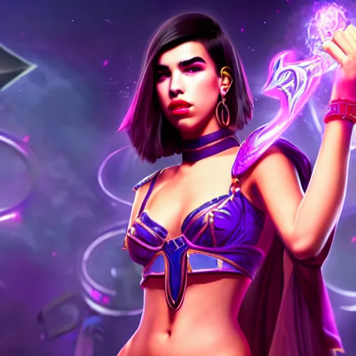 Image similar to Dua Lipa as a magic caster League of Legends playable character, realistic, 4k, highly detailed