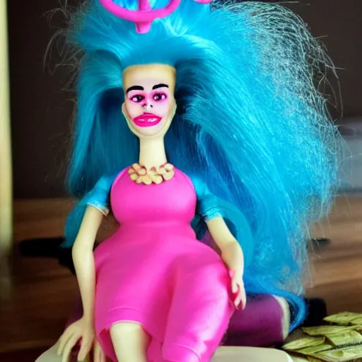 Image similar to 90s troll doll toy, surrounded by lots of money, and drinking a martini with high heels, and bright hair.
