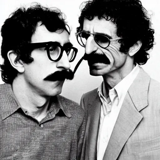 Prompt: a young Woody Allen with Frank Zappa\'s mustache, cool, famous, glossy, bizarrrrre