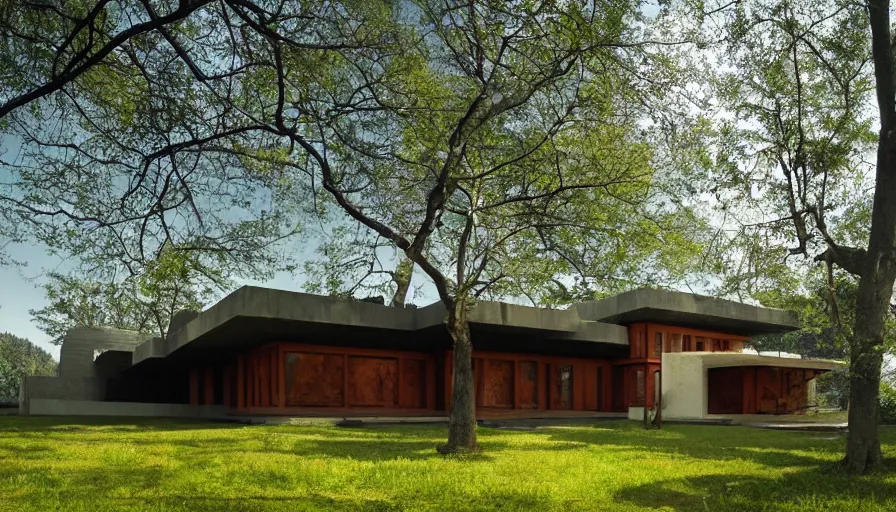 Prompt: modern temple house inspired by tibetan architecture, on a green hill between trees, frank lloyd wright, artstation