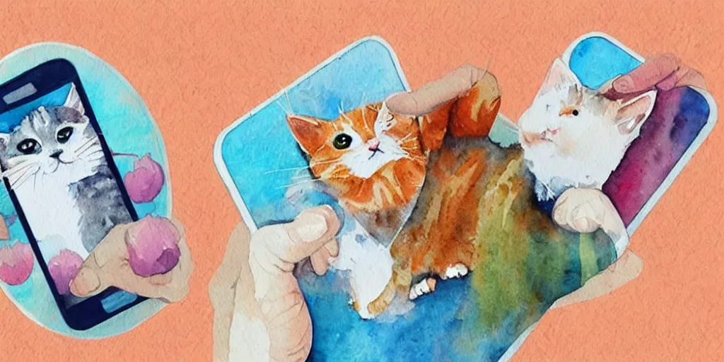 Image similar to watercolor illustration style, cute cats use mobile phone