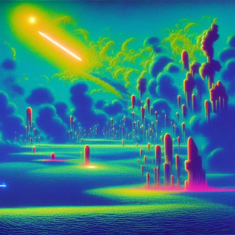 Prompt: mysterious glowing rockets over infinite rough sea, ( ( ( synthwave ) ) ), ( ( fractal waves ) ), bright neon colors, highly detailed, cinematic, tim white, michael whelan, caza, bob eggleton, philippe druillet, vladimir kush, kubrick, alfred kelsner