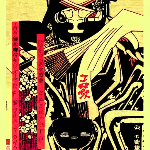 Image similar to japanese cyberpunk silk screen by utagawa yoshiiku, ohara koson, pixiv contest winner, cyberpunk style, cyberpunk color scheme, japanpunk, ( ( neon ) )