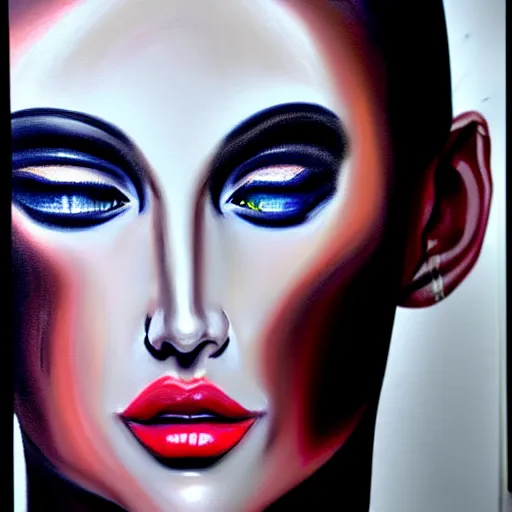 Prompt: fashion model with half robot face, hyperrealism oil painting