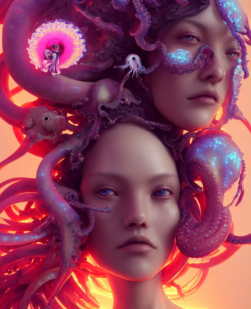 Prompt: goddess close - up portrait, ram skull, squid phoenix jellyfish, orchid, betta fish, bioluminiscent, intricate artwork by tooth wu and wlop and beeple. octane render, trending on artstation, greg rutkowski very coherent symmetrical artwork. cinematic, hyper realism, high detail, octane render, 8 k