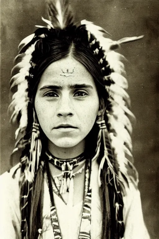 Image similar to “Photo of Native American indian woman Emma Watson, portrait, skilled warrior of the Chiricahua Apache, Lozen was the sister of Victorio a prominent Chief, showing pain and sadness on her face, ancient, realistic, detailed, emma watson”