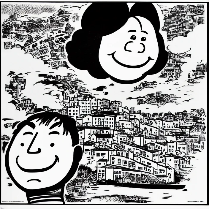 Image similar to a still frame from comic strip a scheme of the smiling cloud 1 9 5 0, herluf bidstrup, new yorker illustration, monochrome contrast bw, vector lineart graphics, manga, tadanori yokoo, simplified,