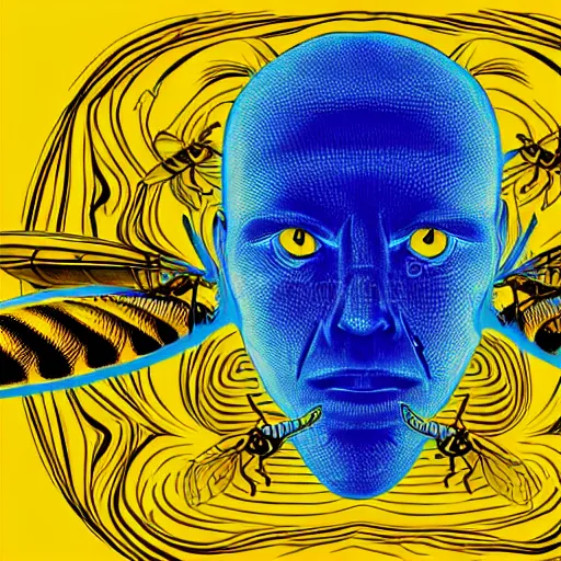 Image similar to human man that resembles a wasp morh in surreal sketch style, blue and yellow gradient, noise, ultrafine detail, hd 8k, logo illustration