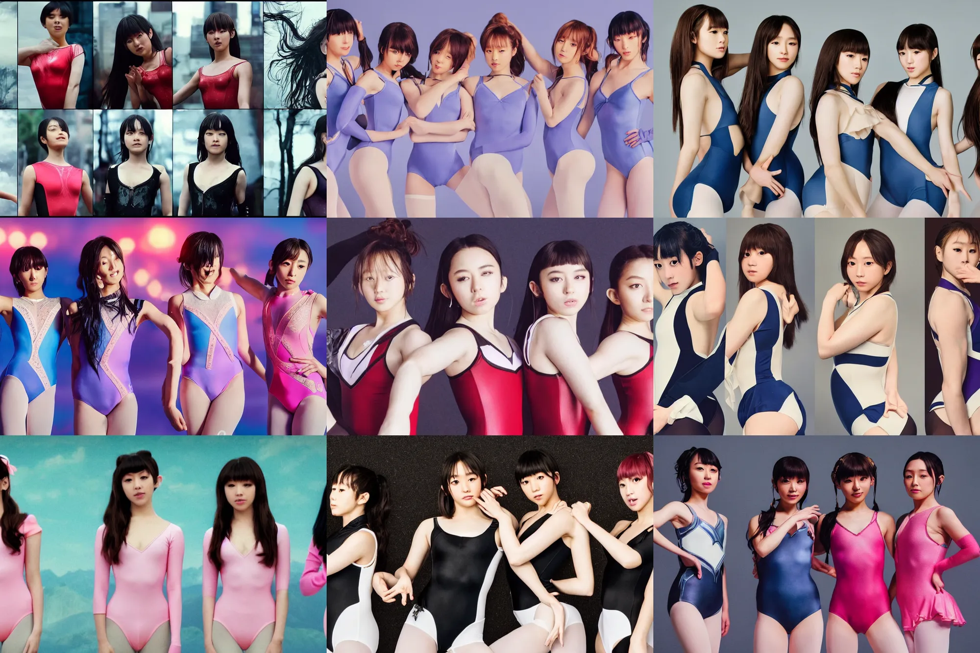 Image similar to unbelievably beautiful, perfect, dynamic, epic, cinematic 8 k hd movie shot, three beautiful cute young j - pop idols actresses in japanese girl band, posing together in leotards. motion, vfx, inspirational arthouse, high budget, hollywood style, at behance, at netflix, with instagram filters, photoshop, adobe lightroom, adobe after effects, taken with polaroid kodak portra
