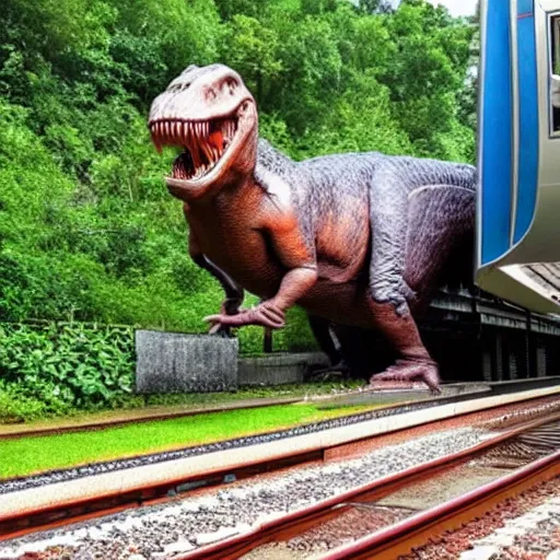 Prompt: a t - rex stucks in a train