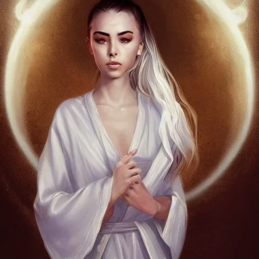 Image similar to Riley Reid, white daoist robes, beautiful, ethereal, digital painting, highly detailed, full body, by Charlie bowater