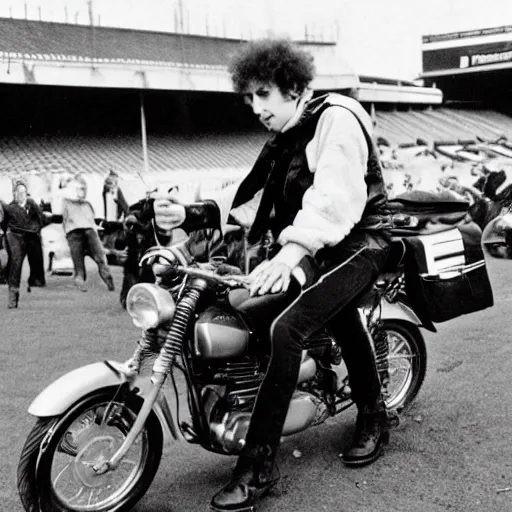 Image similar to bob dylan riding a motorcycle and playing his guitar in the fulham football club stadium, photograph