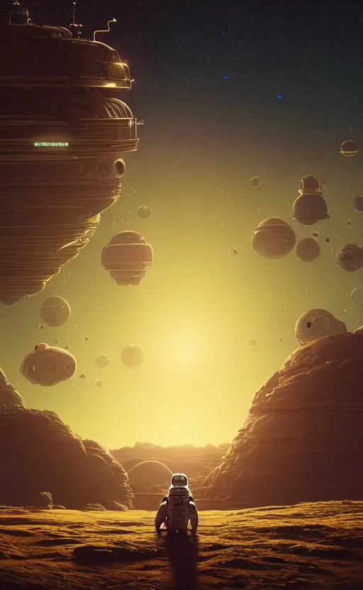 Image similar to A astronaut sitting and gazing upon a amazing alien landscape and the universe, digital art, breathtaking, golden ratio, extremely detailed, establishing shot, hyperrealistic, cinematic lighting, particles, unreal engine, simon stålenhag, rendered by Beeple, Makoto Shinkai, syd meade, simon stålenhag, Ruan Jia, Kentaro Miura, environment concept, artstation, octane render, 8K UHD image