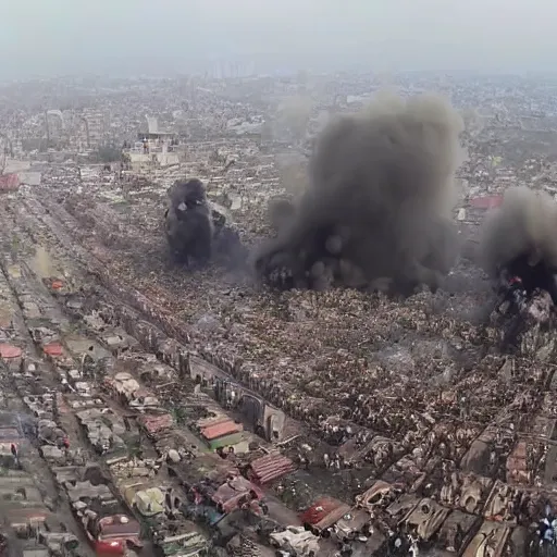 Image similar to aerial photo of one million people fighting against military in a large city, explosions can be seen, war