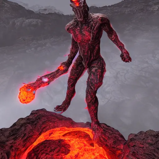 Image similar to molag bal, tyrant, glowing red eyes, lava pools, cracked ground, photorealistic