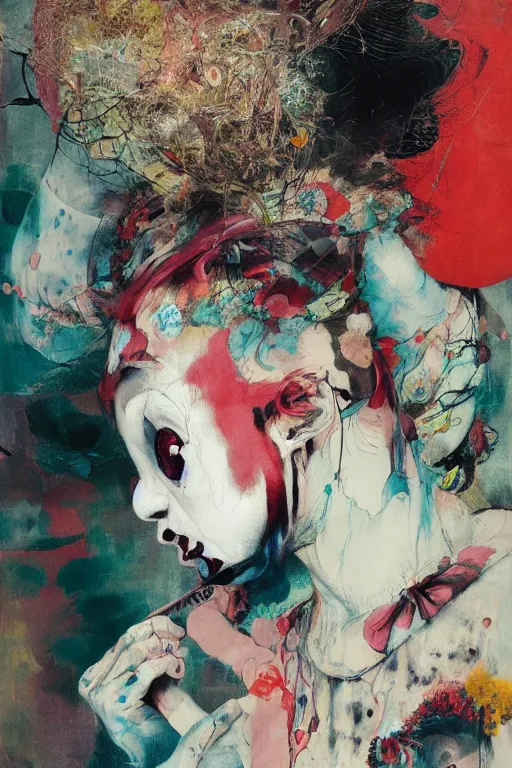 Image similar to clown girl, gothic, rich deep colours, painted by francis bacon, adrian ghenie, james jean and petra cortright, part by gerhard richter, part by takato yamamoto. 8 k masterpiece