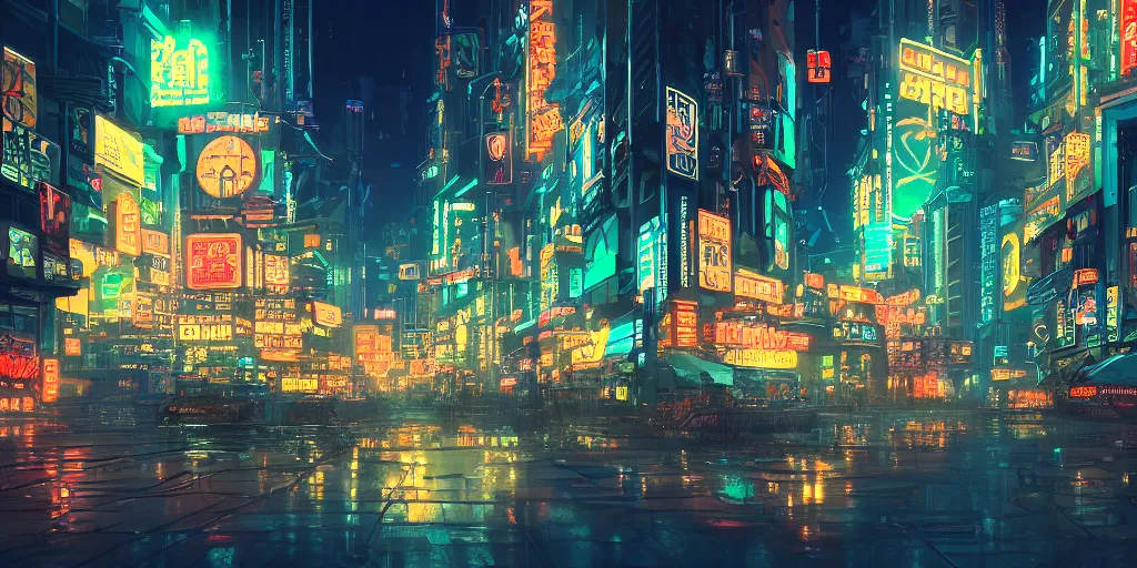 Prompt: a beautiful scene of a sprawling cyberpunk city at midnight, neon signs, concept art, studio ghibli, style of makoto shinkai and alphonse mucha, 4 k wallpaper