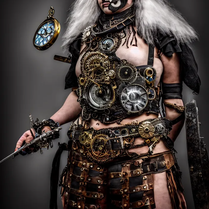 Image similar to full length photo of a real - life beautiful clockpunk warrior, 8 k, hdr, smooth, sharp focus, high resolution, award - winning photo