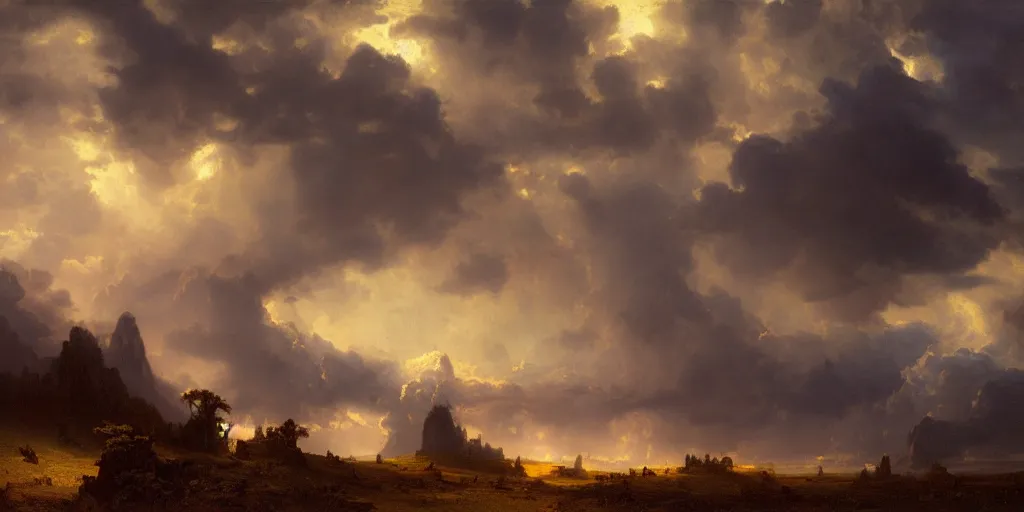 Image similar to a beautiful painting of epic skycape with thunder clouds and storm over a moody landscape by albert bierstadt and joseph zbukvic, moody color scheme, high detail, trending on artstation, orange - 1, yellow - 1