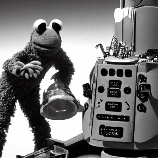 Image similar to the muppet gonzo in a bomb diffusion suit defusing a bomb. action movie scene photograph.