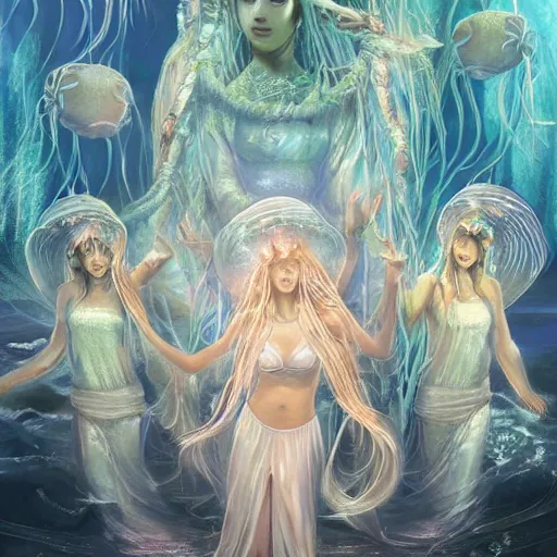 Image similar to A painting of priestesses worshipping at the jellyfish temple, shrouded in mist, jellyfish god, jellyfish priestess, jellyfish shrine maiden 8K, illustration, art by Artgerm and Justin Cheung and Gabriele Dell'Otto, smoke, undersea temple with fish, cinematic, insanely detailed and intricate, hypermaximalist, elegant, super detailed, award-winning, mauve and cinnabar and cyan, rainbow accents, mysterious, ancient, ritual, trending in cgsociety, artstation HQ, ornate, elite, haunting, matte painting, beautiful detailed, insanely intricate details, dreamy and ethereal, otherworldly