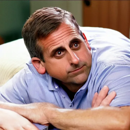 Prompt: steve carell having comfort neck massage to relax his neck and he is listening someone belly