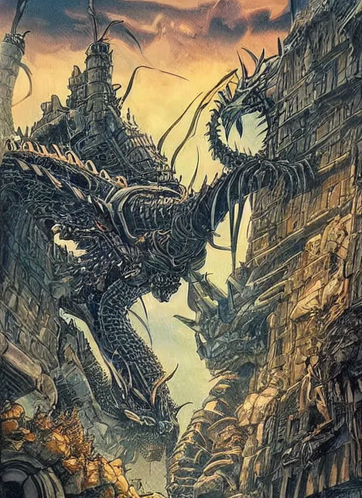 Image similar to intricate fantasy comic book drawing of a ( giant mechanical dragon ) over a ( stronghold castle ) by dariusz zawadski and simon stalenhag, simon bisley!, jack kirby!!! and gris grimly, cinematic, epic, awesome color palette, hard contrast, ink outlines