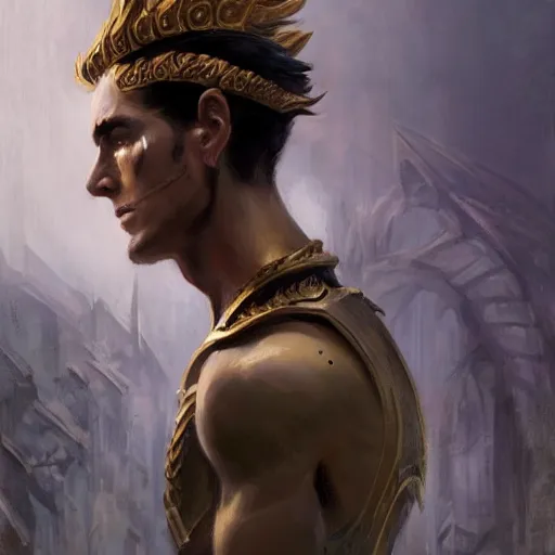 Image similar to a masculine elegant man from sideview with large shoulders, armor, and wearing golden laurel wreath, ethereal horror fantasy art by greg rutkowski and magali villanueve and monet con