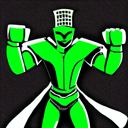 Image similar to a picture of a giant armour green man with his fist up, vector art by mor than, low angle, trending on deviantart, mingei, flat shading, prerendered graphics, marvel comics