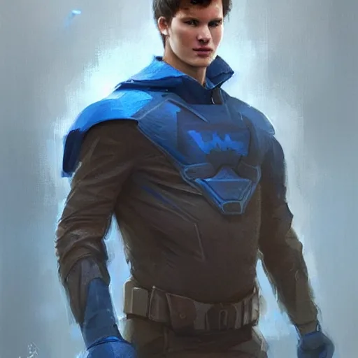 Image similar to portrait of a superhero by greg rutkowski, he looks like ansel elgort, he is wearing a blue and white kevlar gear with a cape, highly detailed portrait, digital painting, artstation, concept art, smooth, sharp foccus ilustration, artstation hq