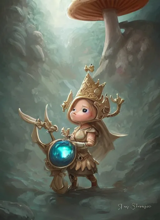 Image similar to cute anthropomorphic sentient mushroom elemental wearing a crown and holding a bow, tiny, short, pale blue armor, cute and adorable, pretty, beautiful, DnD character art portrait, matte fantasy painting, DeviantArt Artstation, by Jason Felix by Steve Argyle by Tyler Jacobson by Peter Mohrbacher, cinematic lighting