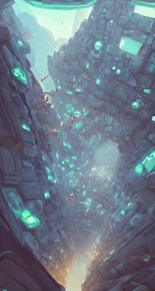 Prompt: A beautiful artwork illustration, level design, third person, a parkour course in a space ship, featured on artstation, wide angle, vertical orientation